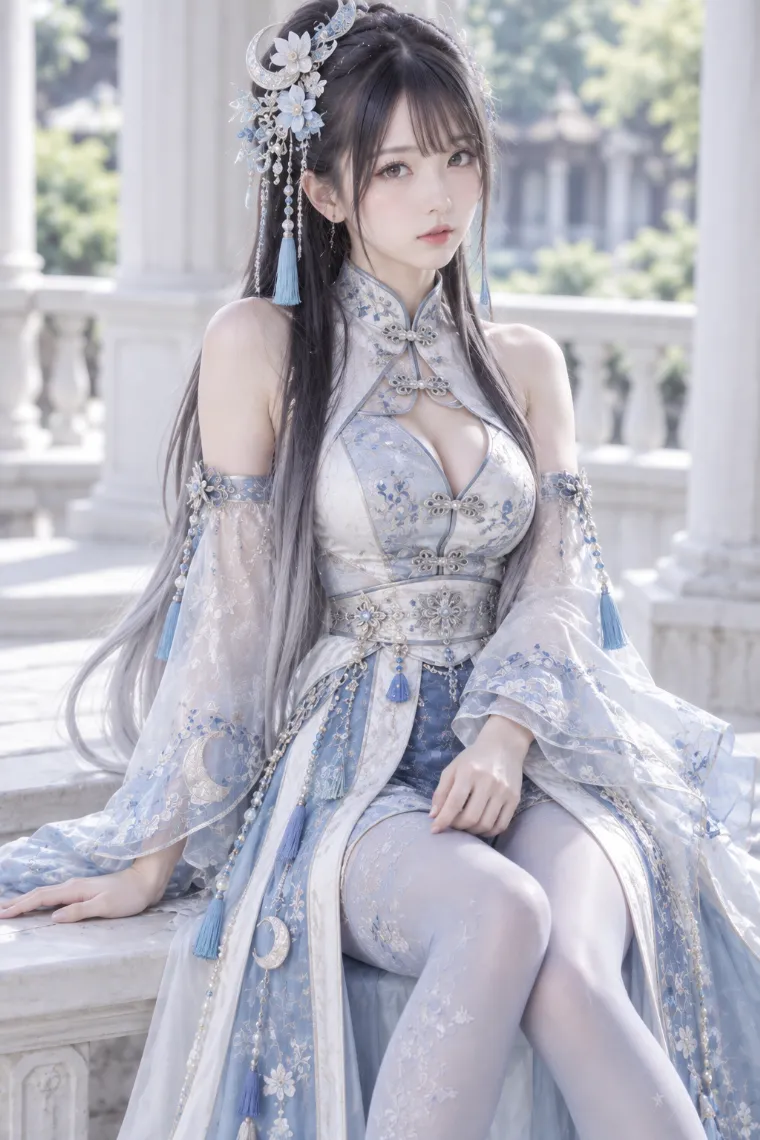 実写AI版｜白と淡いブルーのロングチャイナドレスに薄青タイツとパンプスを合わせた中華ロリータ