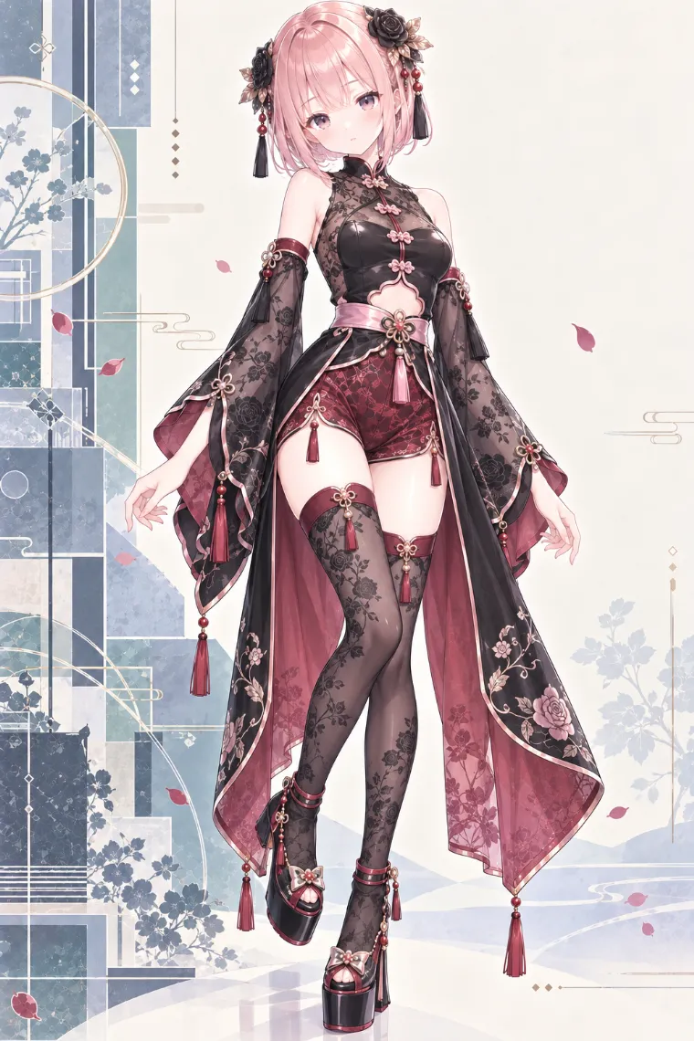AIイラスト版｜黒レースのロングチャイナドレスに黒レースニーハイと厚底ヒールを合わせた中華ロリータ