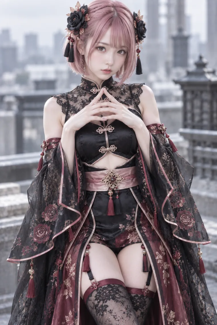 実写AI版｜黒レースのロングチャイナドレスに黒レースニーハイと厚底ヒールを合わせた中華ロリータ