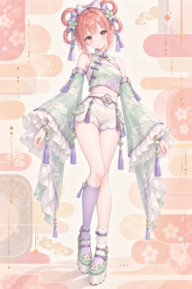 AIイラスト版｜ミントのチャイナ風トップスとアイボリーのショートパンツに厚底メリージェーンを合わせた中華ロリータ