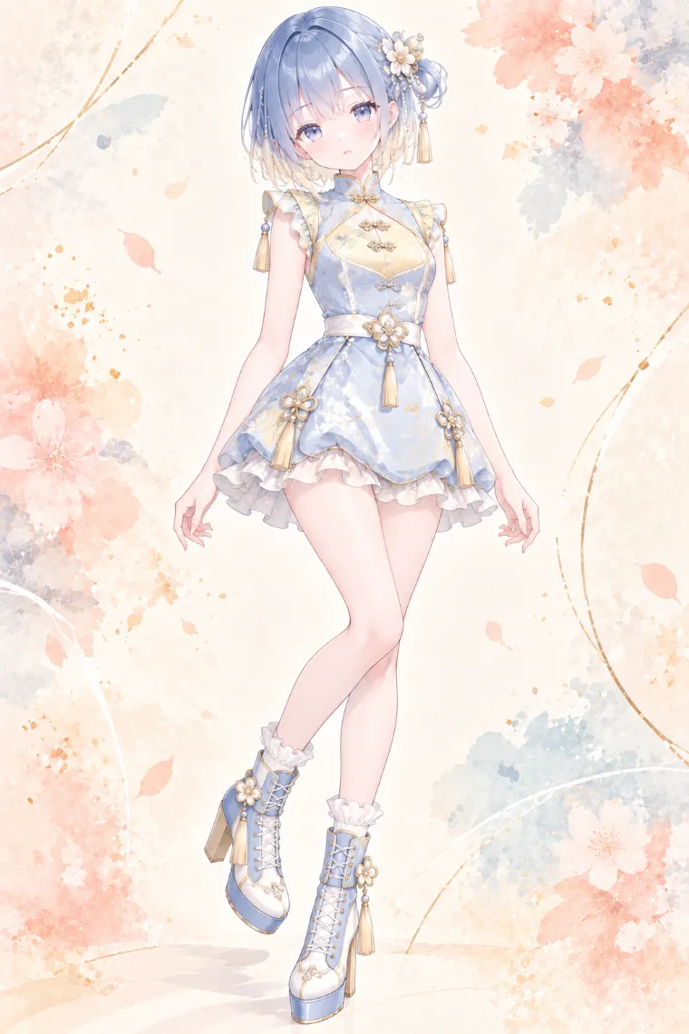 AIイラスト版｜水色のチャイナ風ミニワンピに白フリルソックスと厚底アンクルブーツを合わせた中華ロリータ