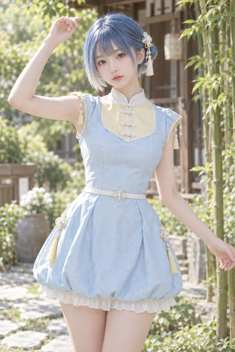実写AI版｜水色のチャイナ風ミニワンピに白フリルソックスと厚底アンクルブーツを合わせた中華ロリータ