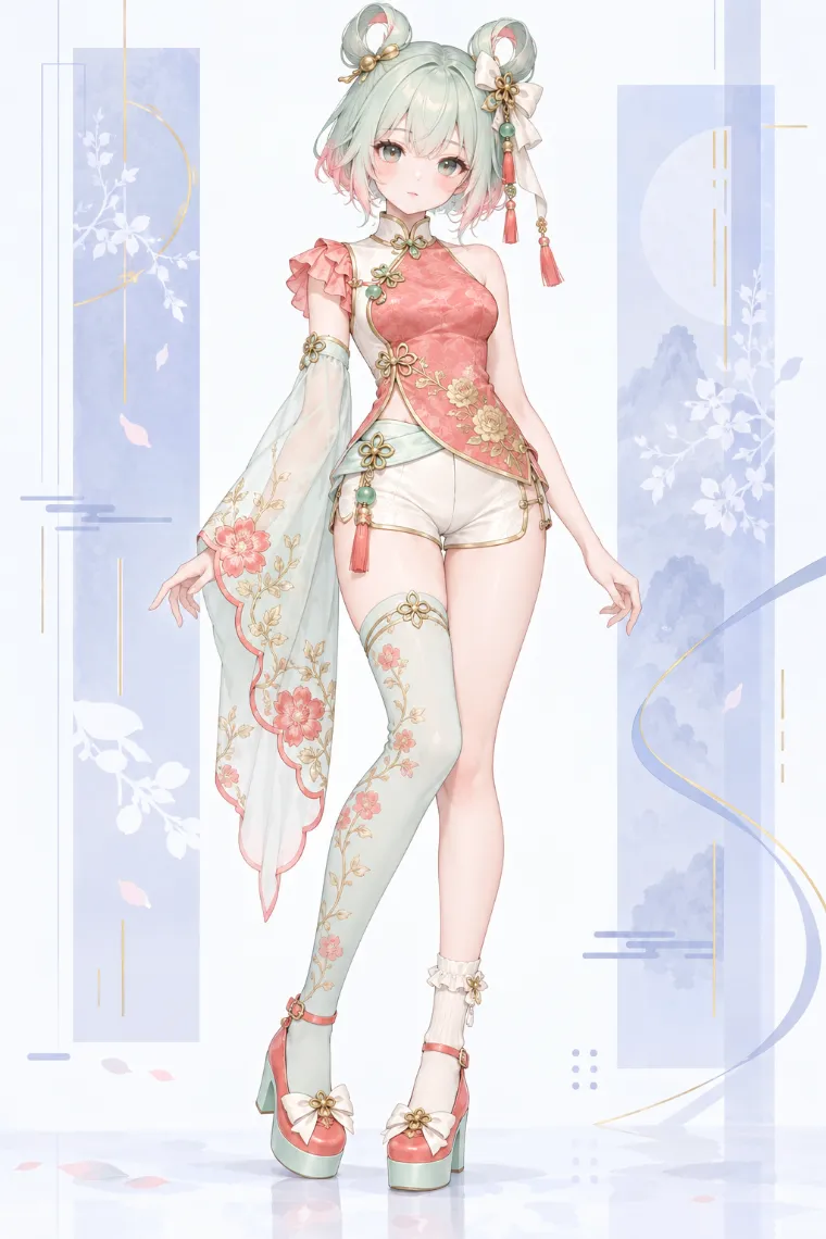 AIイラスト版｜コーラルのチャイナ風トップスとアイボリーのショートパンツに左右非対称のレッグウェアを合わせた中華ロリータ