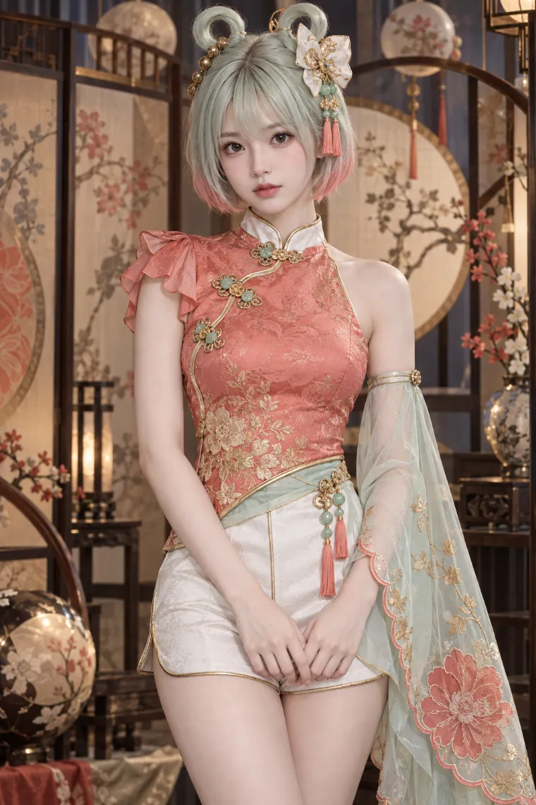 実写AI版｜コーラルのチャイナ風トップスとアイボリーのショートパンツに左右非対称のレッグウェアを合わせた中華ロリータ