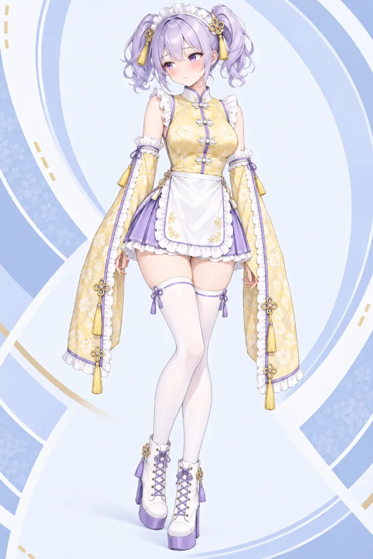 AIイラスト版｜イエローのチャイナ風ミニワンピに白ニーハイと厚底アンクルブーツを合わせた中華ロリータ