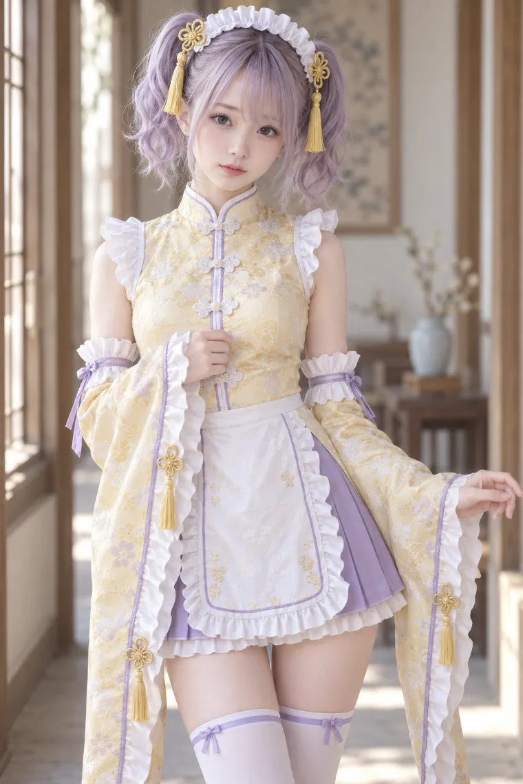 実写AI版｜イエローのチャイナ風ミニワンピに白ニーハイと厚底アンクルブーツを合わせた中華ロリータ