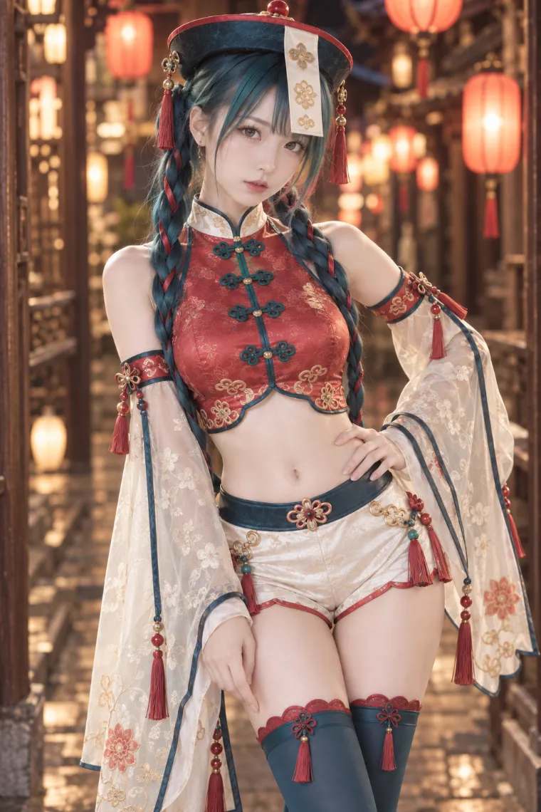 実写AI版｜赤のショート丈チャイナ風トップスと白ショートパンツに濃色ニーハイを合わせたキョンシー風中華ロリータ