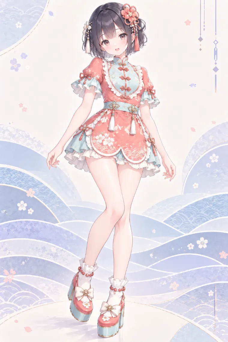 AIイラスト版｜コーラルのAラインチャイナ風ミニワンピにフリルソックスと厚底靴を合わせた中華ロリータ