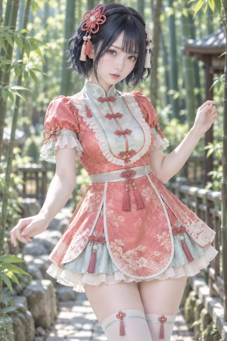 実写AI版｜コーラルのAラインチャイナ風ミニワンピにフリルソックスと厚底靴を合わせた中華ロリータ