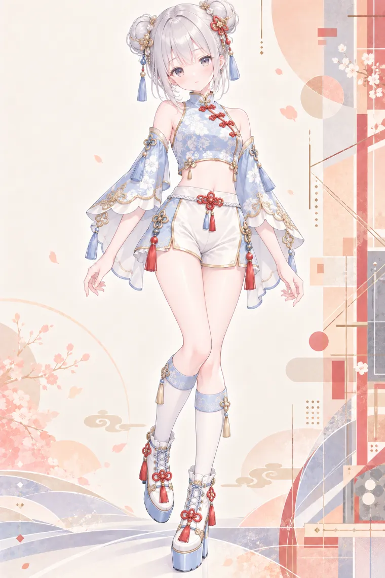 AIイラスト版｜水色のショート丈チャイナ風トップスと白ショートパンツに厚底オックスフォードを合わせた中華ロリータ