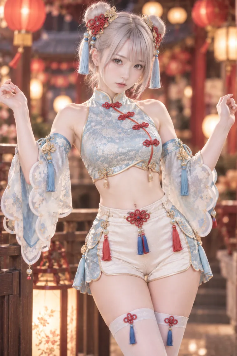 実写AI版｜水色のショート丈チャイナ風トップスと白ショートパンツに厚底オックスフォードを合わせた中華ロリータ