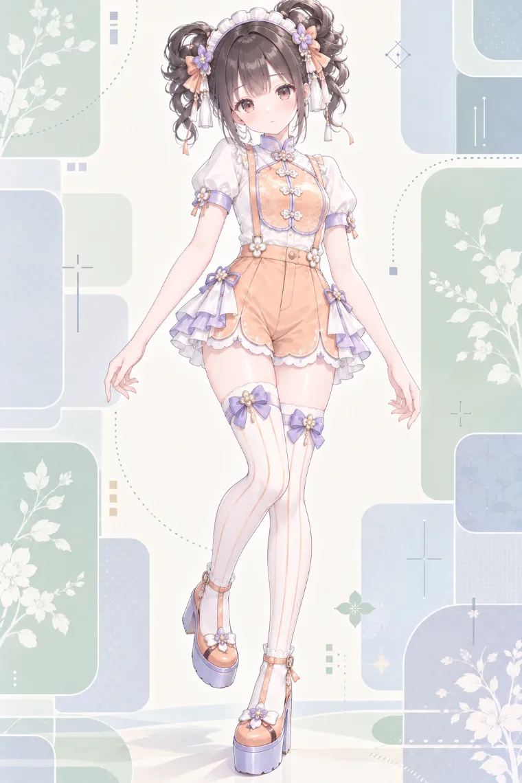 AIイラスト版｜白ブラウスとアプリコットのショートパンツに白ニーハイと厚底シューズを合わせた中華ロリータ