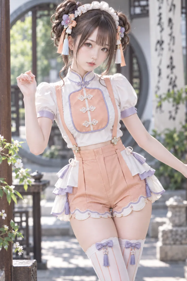 実写AI版｜白ブラウスとアプリコットのショートパンツに白ニーハイと厚底シューズを合わせた中華ロリータ