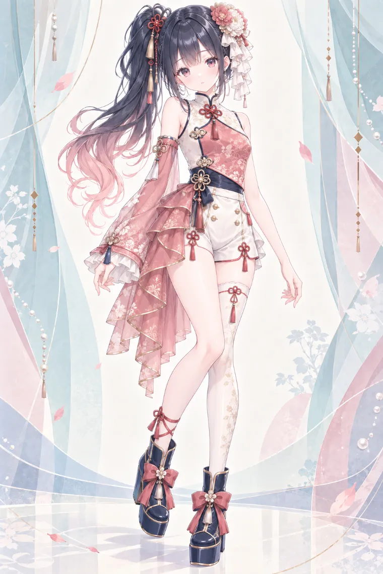 AIイラスト版｜アイボリーとローズのチャイナ風トップスとショートパンツに片脚ニーハイを合わせた中華ロリータ