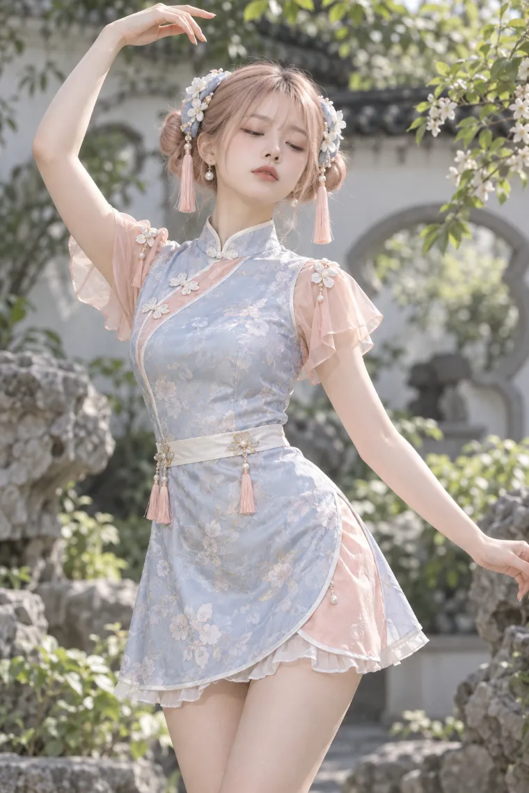 実写AI版｜水色とピーチのチャイナ風ミニワンピにボーダーソックスと厚底ブーツを合わせた中華ロリータ
