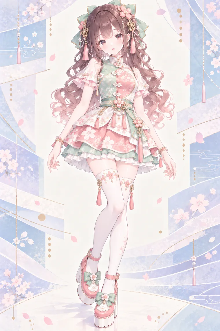 AIイラスト版｜ミントと桜ピンクのチャイナ風ミニドレスに白ニーハイと厚底メリージェーンを合わせた中華ロリータ