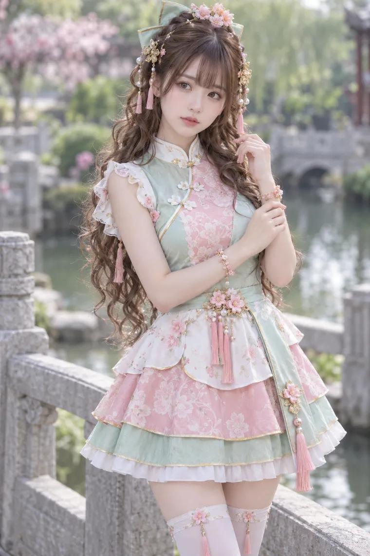 実写AI版｜ミントと桜ピンクのチャイナ風ミニドレスに白ニーハイと厚底メリージェーンを合わせた中華ロリータ