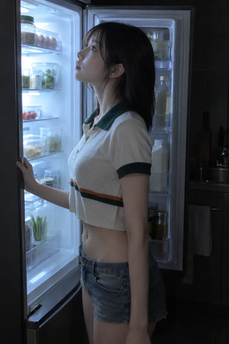 実写AI美女版｜アイボリーのスーパークロップドポロと色落ちデニムショートパンツのコーデ