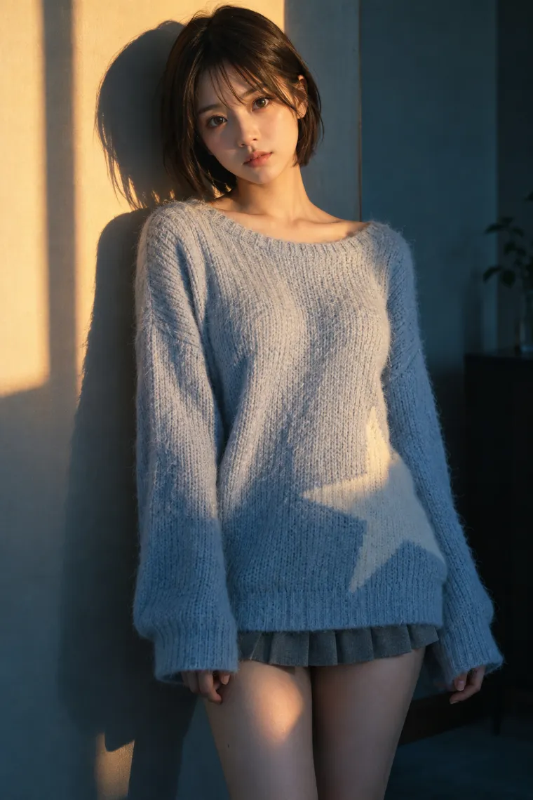 実写AI美女版｜ペールブルーのシャギーニットとグレーのプリーツミニスカートのコーデ