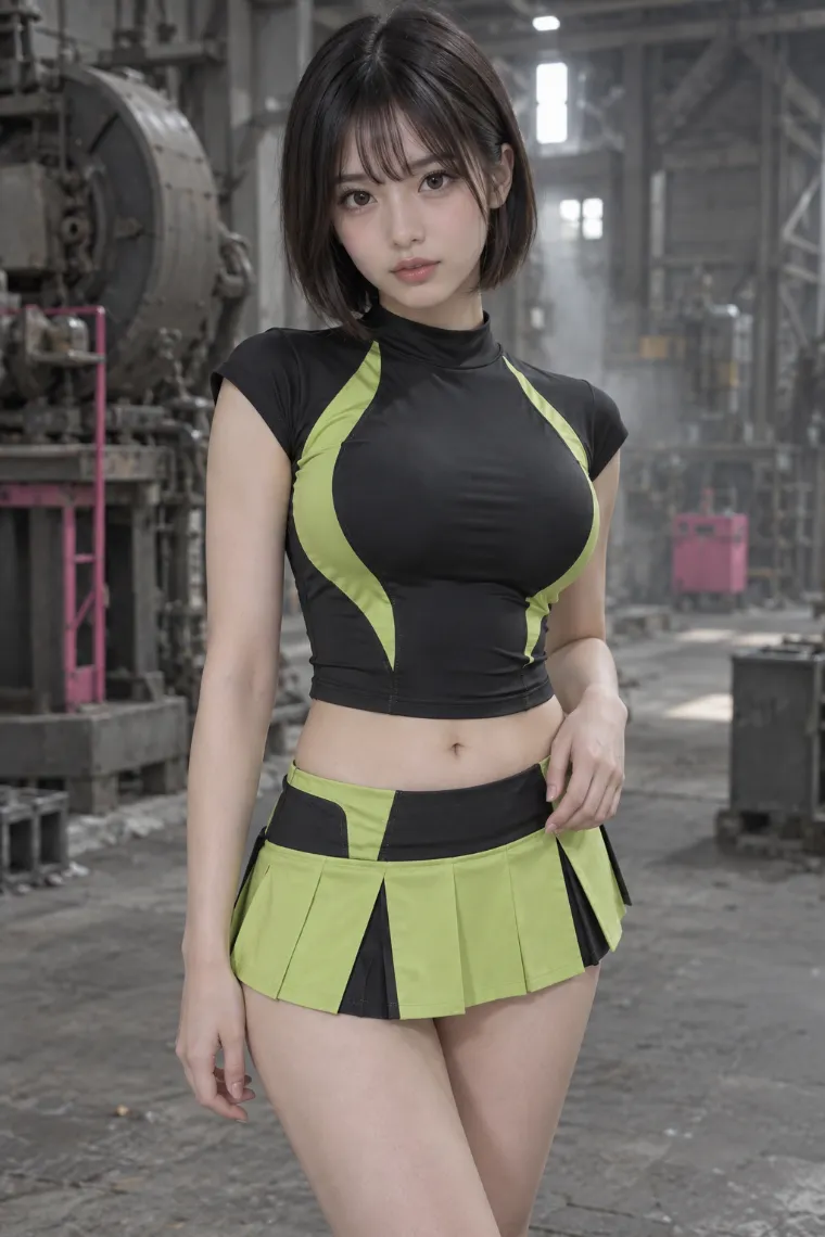 実写AI美女版｜黒×ライムのスポーツトップスとライム×黒のプリーツスコートのスポーティーコーデ