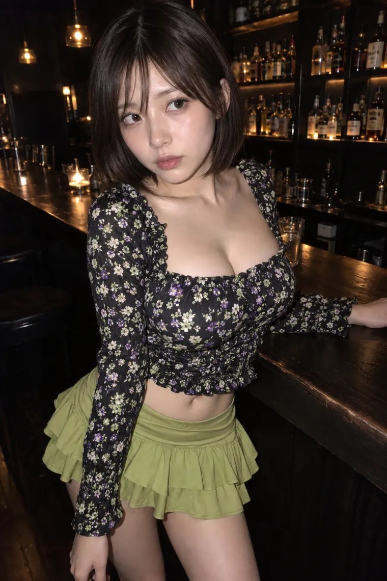 実写AI美女版｜黒の小花柄シャーリングトップスとライムグリーンのティアードミニスカートのコーデ