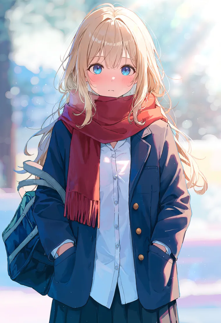コートとブレザー制服を着崩し、両手をポケットに入れた乱れ髪の女性を描いたAIイラスト
