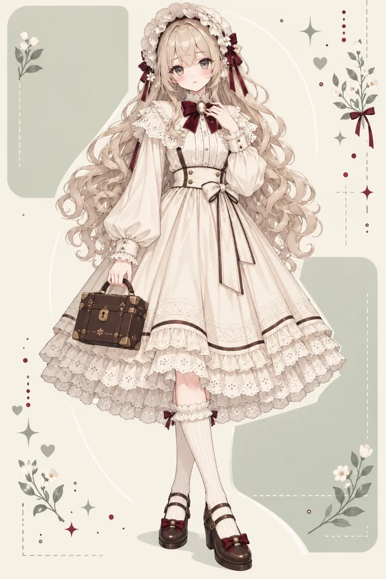 AIイラスト版｜アイボリーのジャンパースカートに茶のメリージェーンを合わせたアンティークドールコア