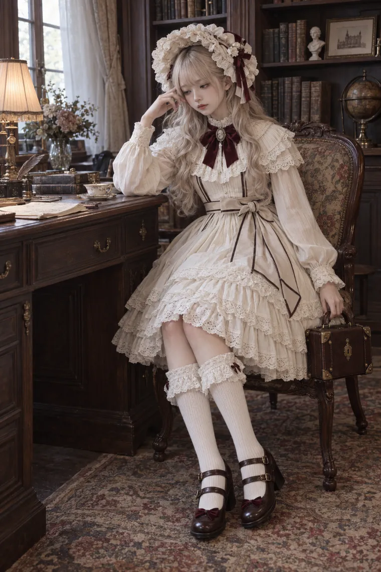 実写AI版｜アイボリーのジャンパースカートに茶のメリージェーンを合わせたアンティークドールコア