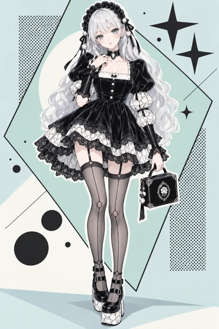 AIイラスト版｜黒×白のひび割れ陶器風ミニドレスに黒の厚底メリージェーンを合わせたポーセリンドールコア