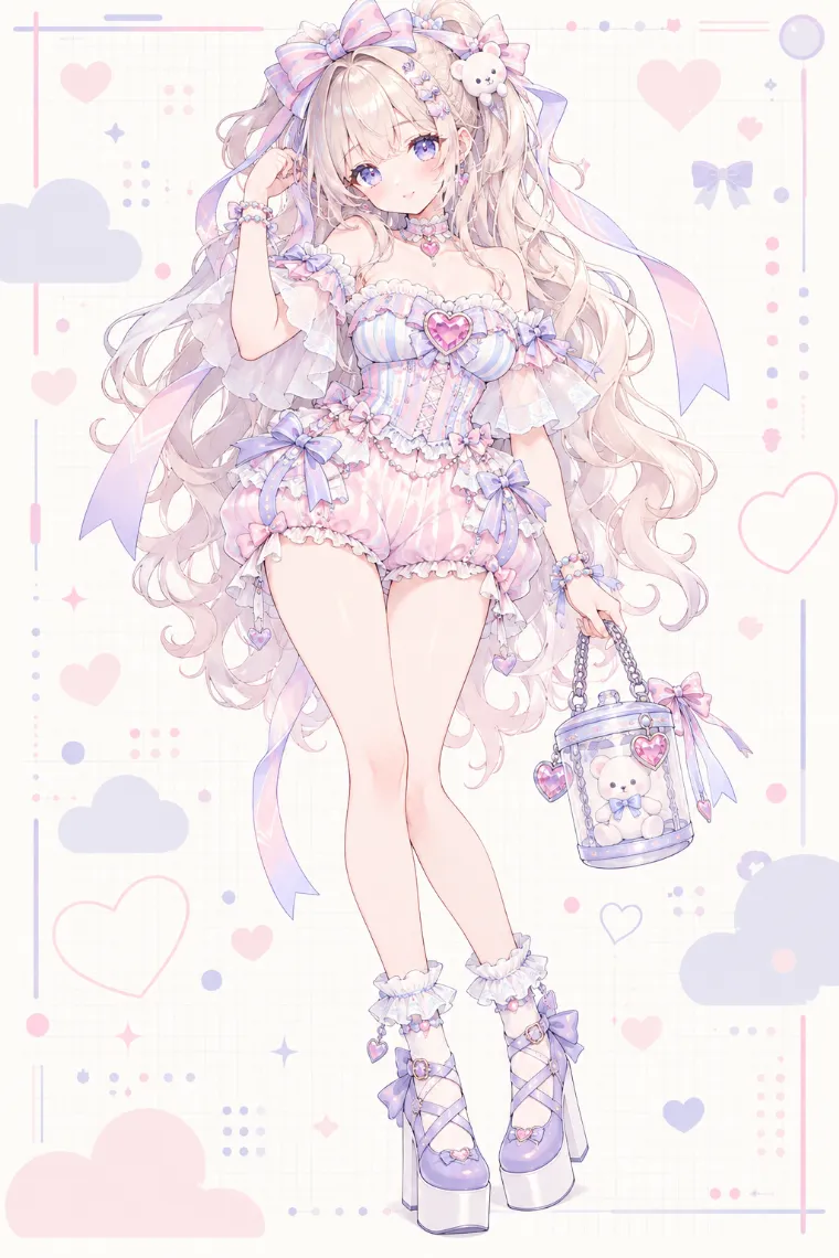 AIイラスト版｜パステルカラーのプレイスーツにハートモチーフと厚底メリージェーンを合わせたドールコア