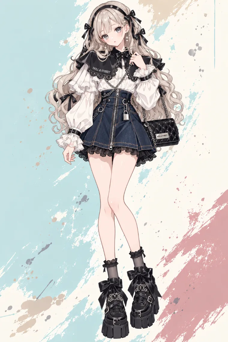 AIイラスト版｜白のラッフルブラウスとデニムミニに黒の厚底スニーカーブーツを合わせたストリートドールコア