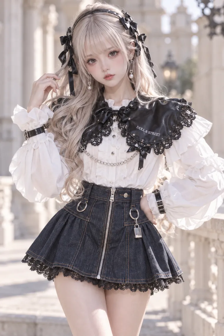 実写AI版｜白のラッフルブラウスとデニムミニに黒の厚底スニーカーブーツを合わせたストリートドールコア