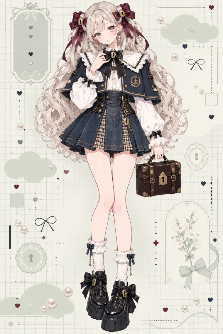 AIイラスト版｜白セーラーブラウスとネイビーのケープジャケットにデニムプリーツミニを合わせたドールコア