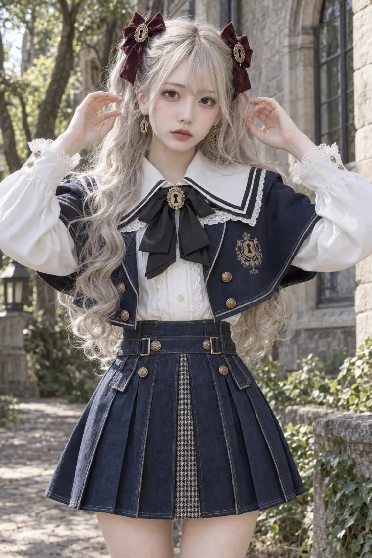 実写AI版｜白セーラーブラウスとネイビーのケープジャケットにデニムプリーツミニを合わせたドールコア