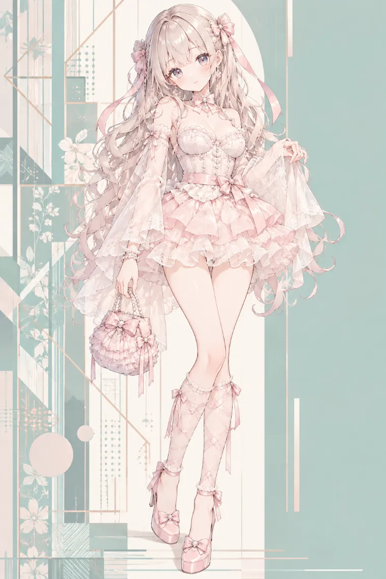 AIイラスト版｜アイボリーピンクのチュチュコーデにシアーレッグラップを合わせたバレエドールコア