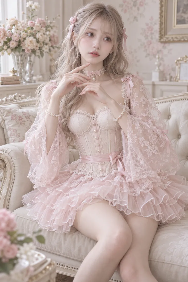 実写AI版｜アイボリーピンクのチュチュコーデにシアーレッグラップを合わせたバレエドールコア