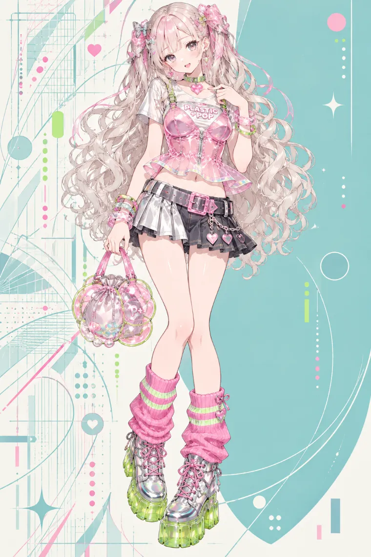 AIイラスト版｜シルバー×ホットピンクのPVCミニコーデにネオンピンクのレッグウォーマーを合わせたドールコア