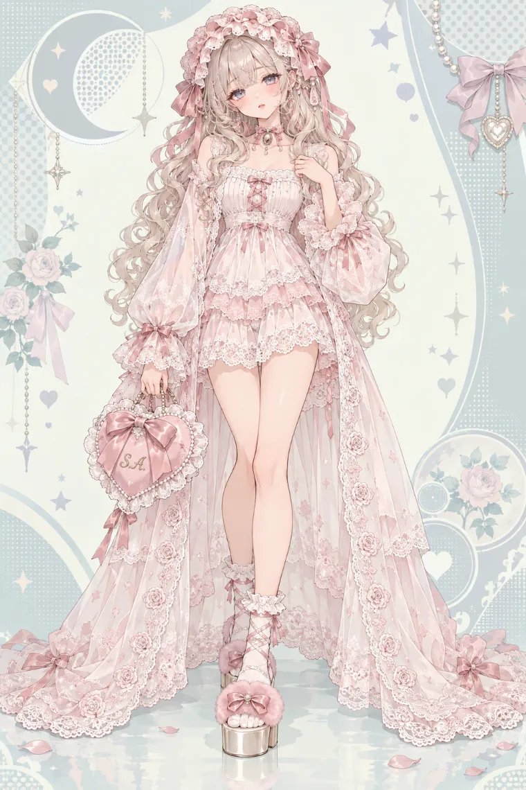 AIイラスト版｜ピンク×アイボリーのランジェリー風ミニドレスにシアーロングローブを合わせたスリープドールコア