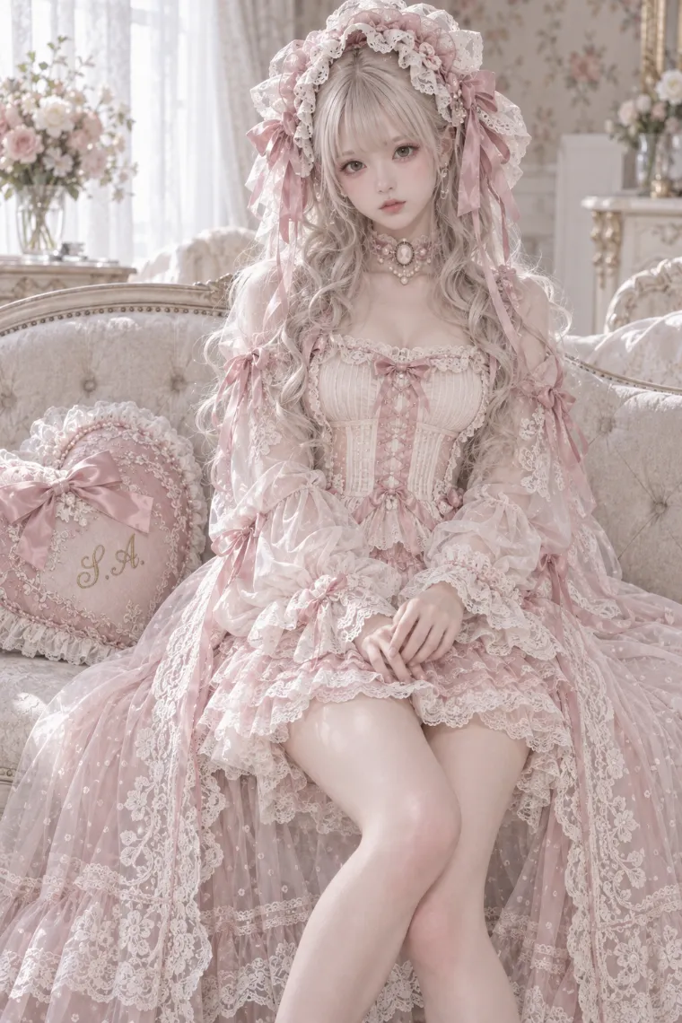 実写AI版｜ピンク×アイボリーのランジェリー風ミニドレスにシアーロングローブを合わせたスリープドールコア