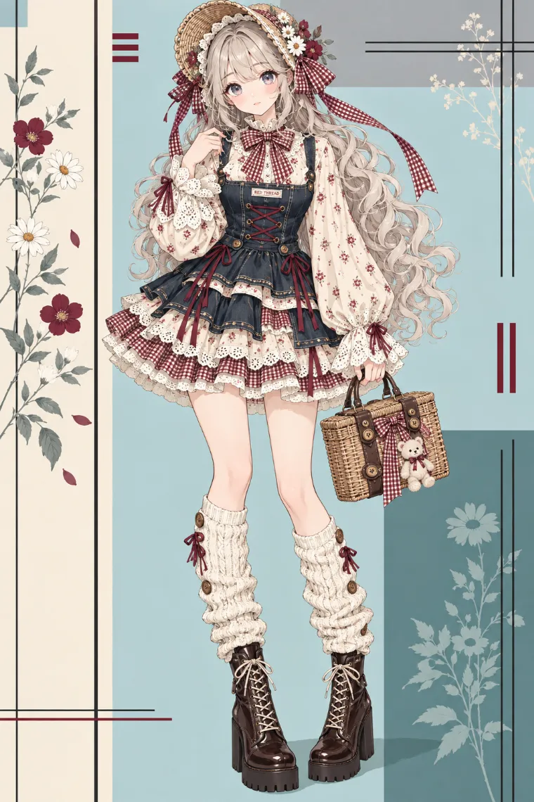 AIイラスト版｜花柄ブラウスとデニムピナフォアにレッグウォーマーを合わせたカントリードールコア