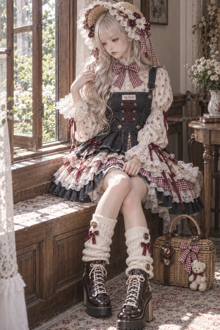実写AI版｜花柄ブラウスとデニムピナフォアにレッグウォーマーを合わせたカントリードールコア