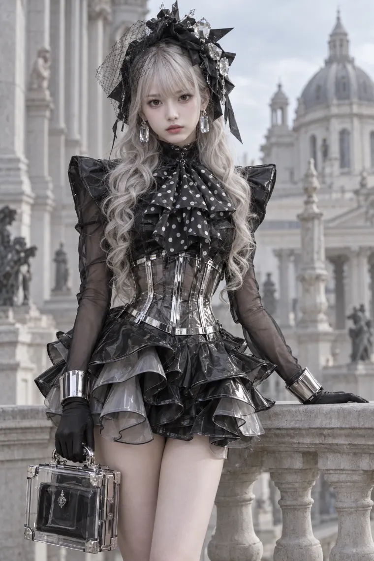 実写AI版｜光沢ブラックの構築的ミニドレスに透明スモークコルセットを合わせたフューチャードールコア