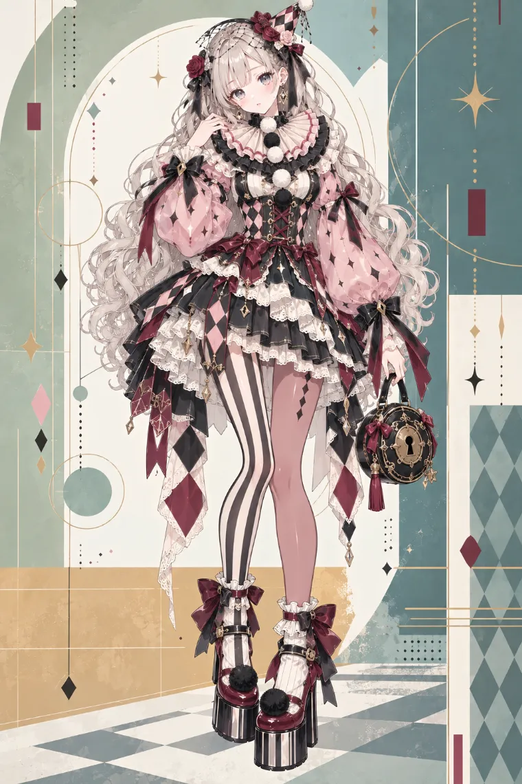 AIイラスト版｜黒×ダスティピンクのハーレクイン風ミニドレスに左右非対称タイツを合わせたクラウンドールコア