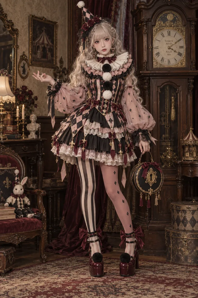 実写AI版｜黒×ダスティピンクのハーレクイン風ミニドレスに左右非対称タイツを合わせたクラウンドールコア