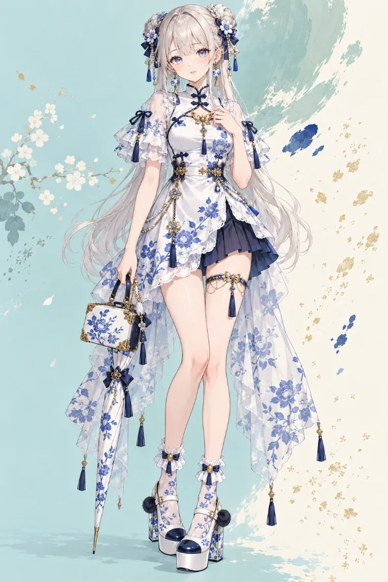 AIイラスト版｜白×コバルトブルーの花柄ミニドレスにロングオーバースカートを合わせた青花磁器風ドールコア