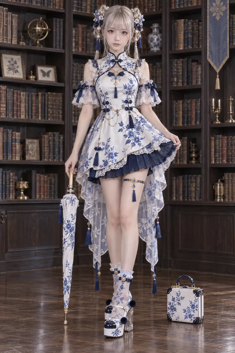 実写AI版｜白×コバルトブルーの花柄ミニドレスにロングオーバースカートを合わせた青花磁器風ドールコア