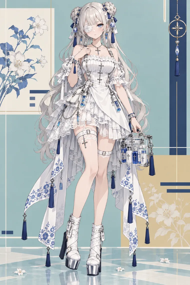 AIイラスト版｜白のハイロードレスに包帯風厚底ブーツを合わせたメディカルドールコア