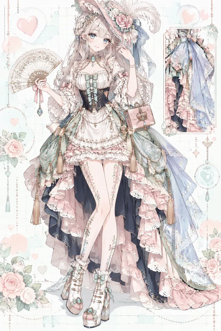 AIイラスト版｜アイボリー×ピンク×ミントのロココ風ハイローミニドレスにレース扇子を合わせたドールコア