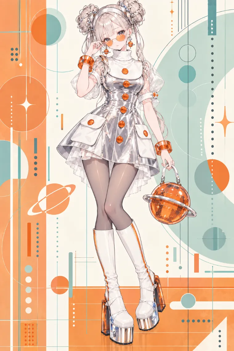AIイラスト版｜ミラーシルバーのAラインミニドレスに白ニーハイブーツを合わせたレトロフューチャードールコア