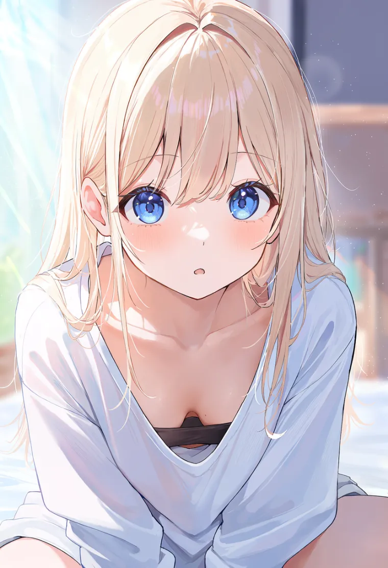 前かがみで襟元から胸元が見える女性を描いたAIイラスト